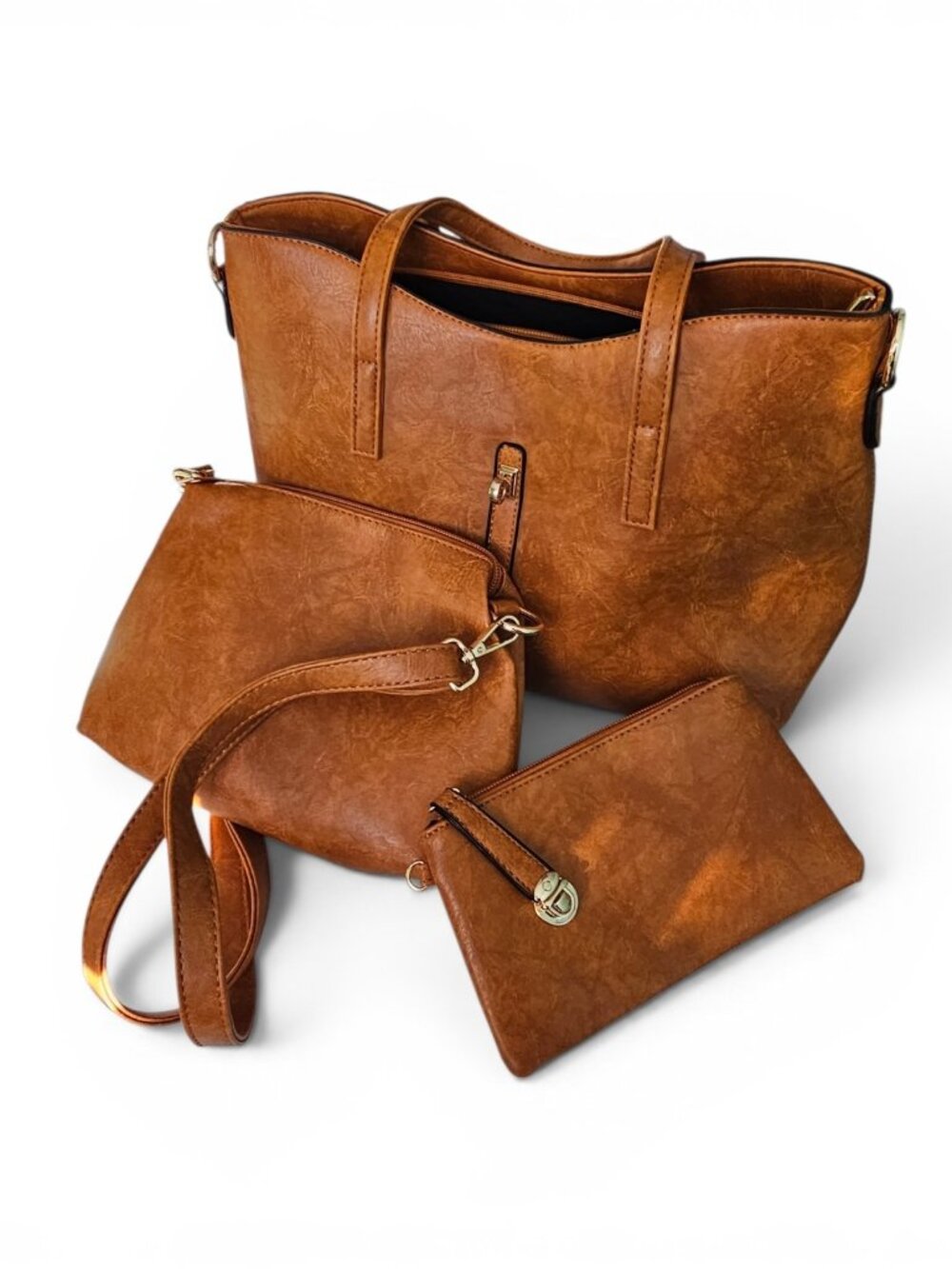 Purse handbag set camel tan pu leather cognac brown